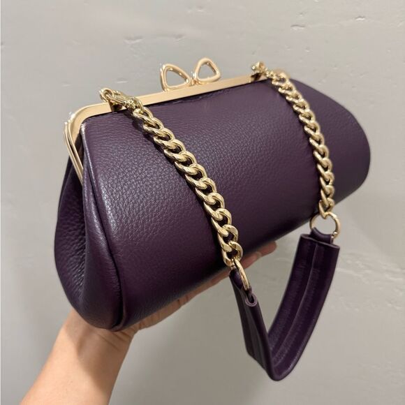 Purple Pebble Leather Handmade Bow Shaped Kisslock Baguette Bag/Crossbody - Picture 9 of 16